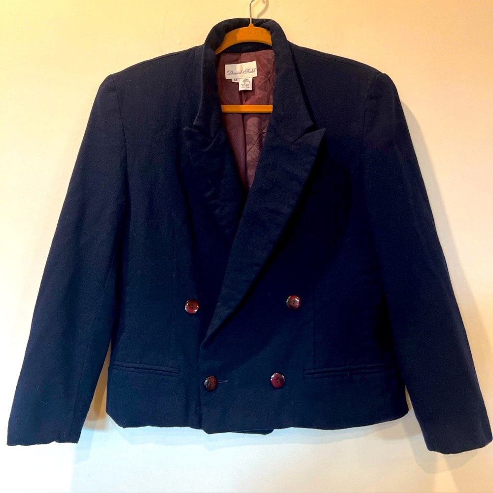 Vintage 100% wool shorter length double breasted blazer navy Sz 14